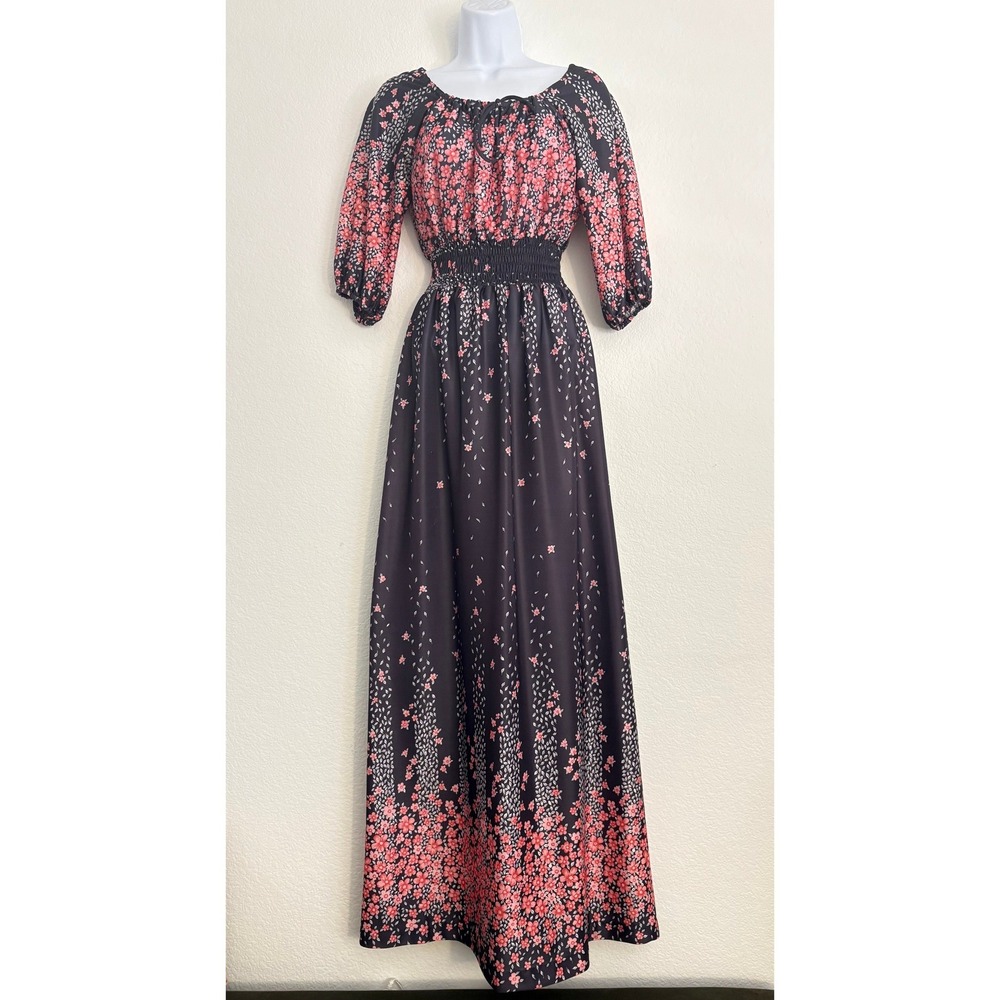 Ja Na‎ of Hawaii Vintage Cherry Blossom Floral Maxi Dress Medium Bohemian